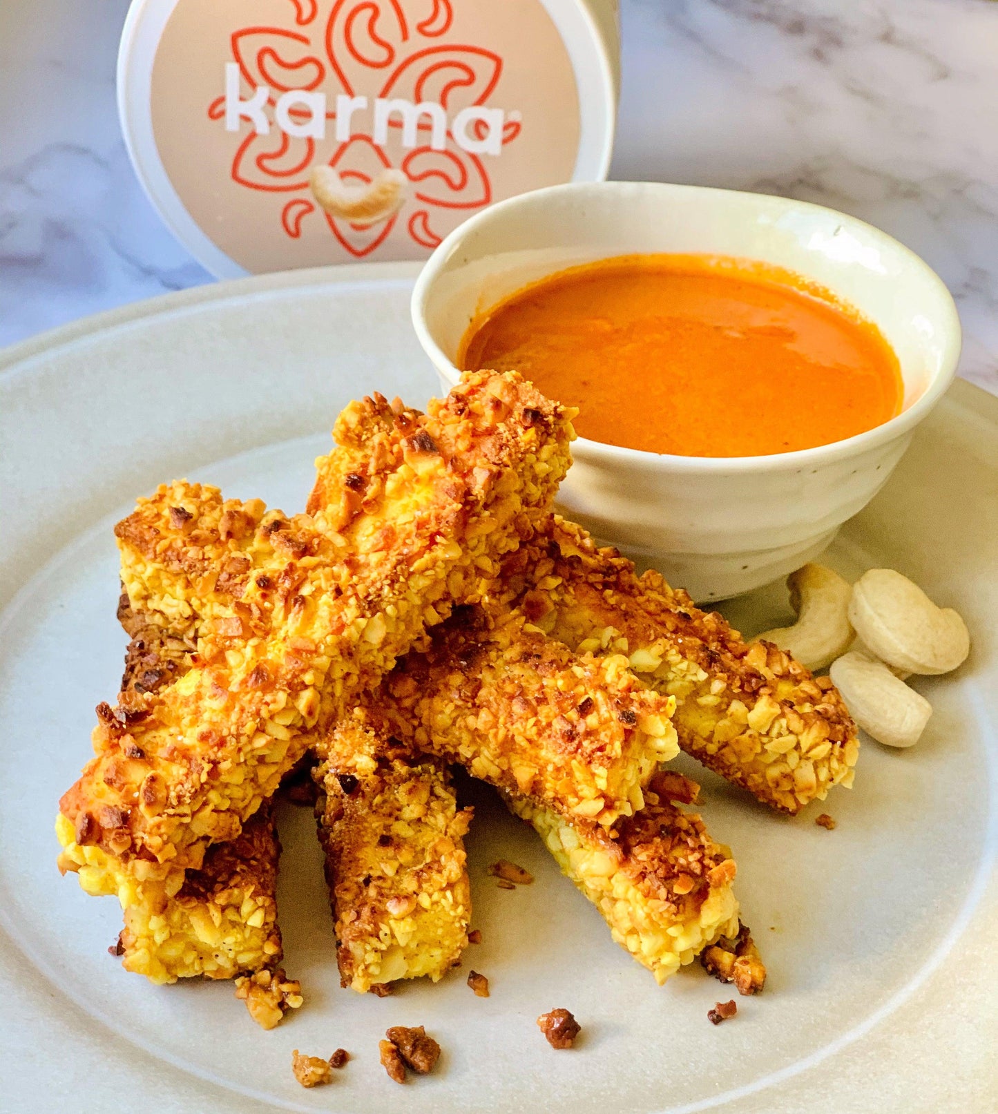 Cashew-Crusted Paneer Fries with Makhani Dipping Sauce - KARMA NUTS